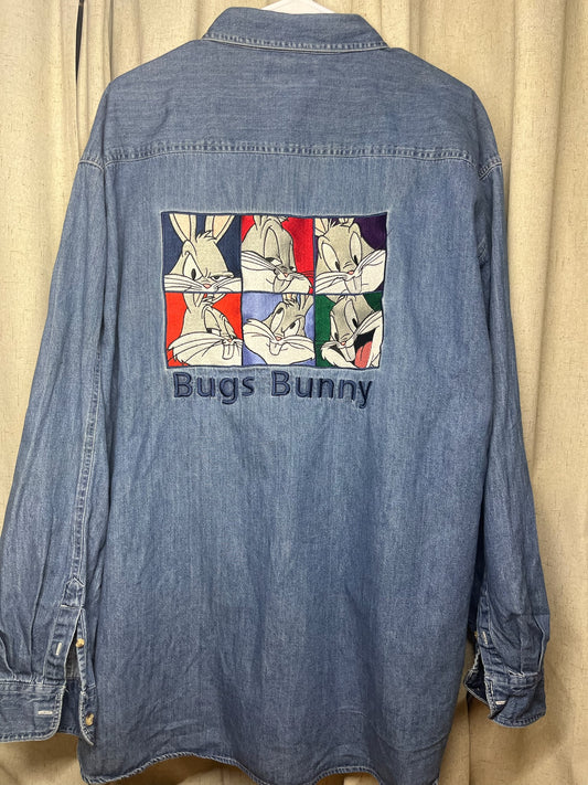 Vintage 1995 Looney Tunes Bugs Bunny Warner Bros Studio Store Denim Button Down Shirt Size XXL